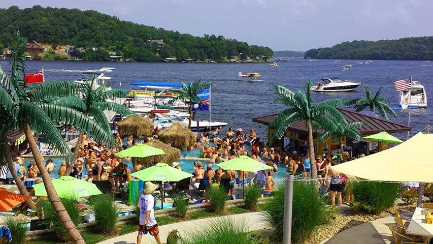 View of Lake of the Ozarks from a popular waterfront pool destination.