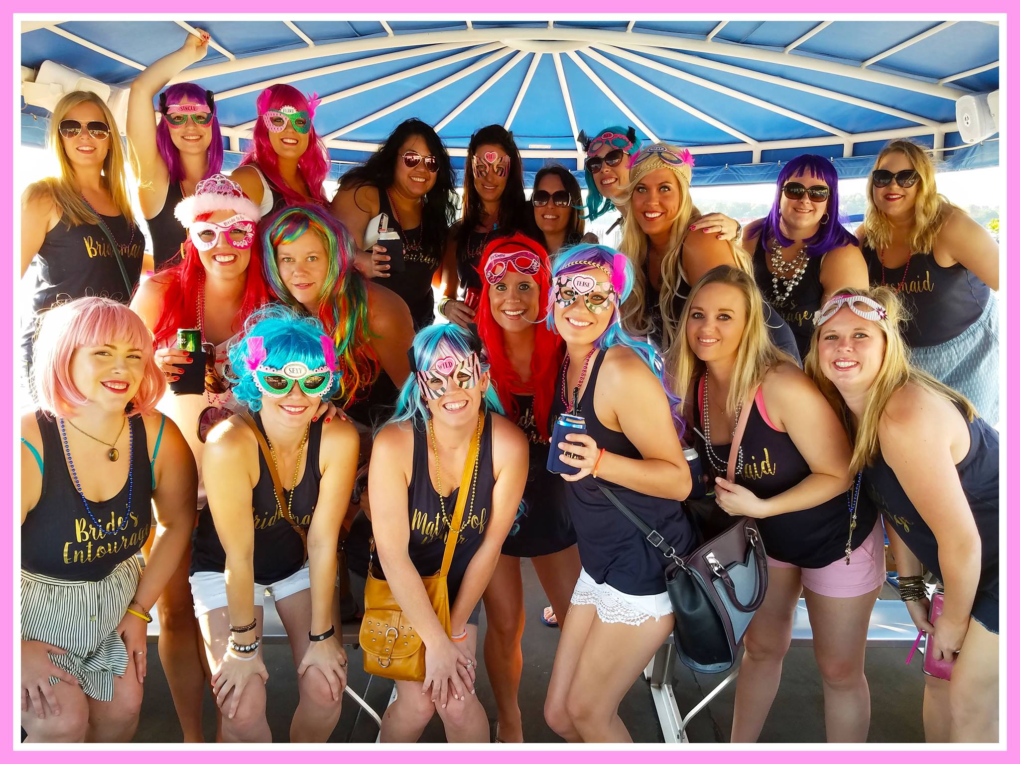 A group of young women celebrating a bachelorette party on Playin Hooky day time cruise, just one of the bachelorette party ideas Lake of the Ozarks offers.